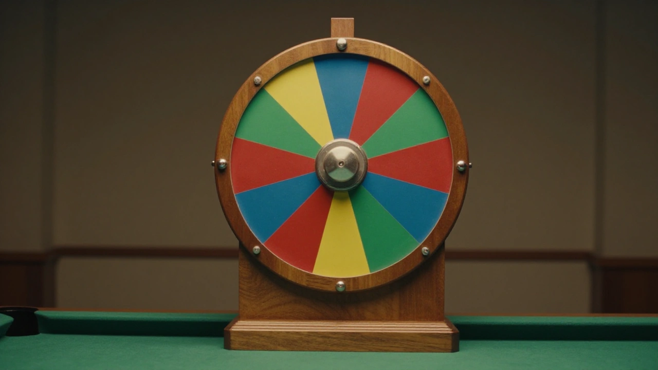 Generic game-show prize wheel with plain coloured segments in a quiet studio