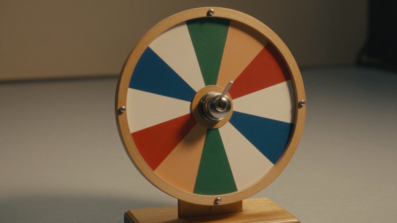 A generic prize wheel with coloured segments in a studio, symbolising casino bonuses and free spins