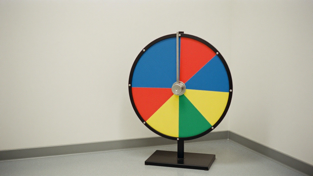 Generic prize wheel with plain coloured segments representing Saskatchewan lottery draws and prizes