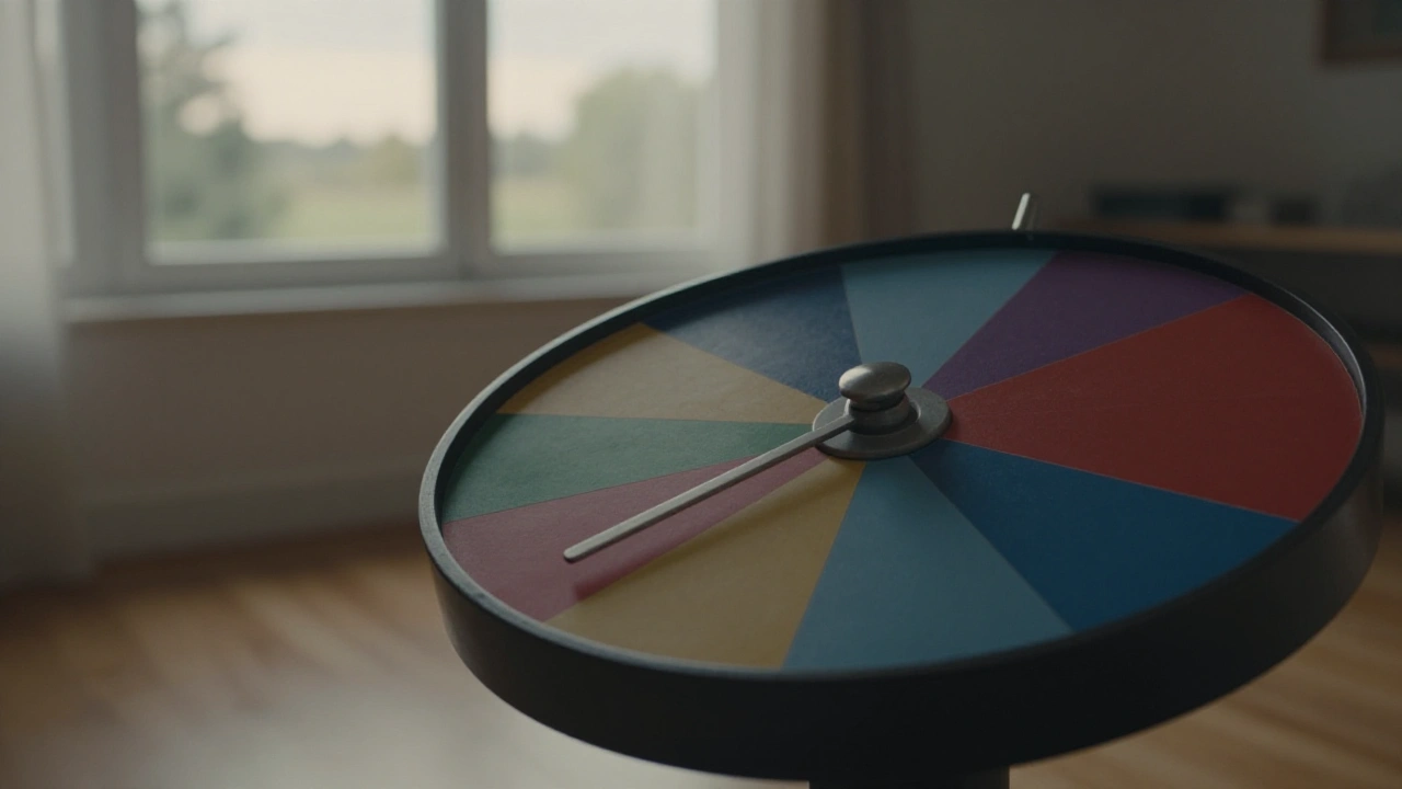 Generic prize wheel with plain coloured segments in a loft, illustrating slot paylines and coverage