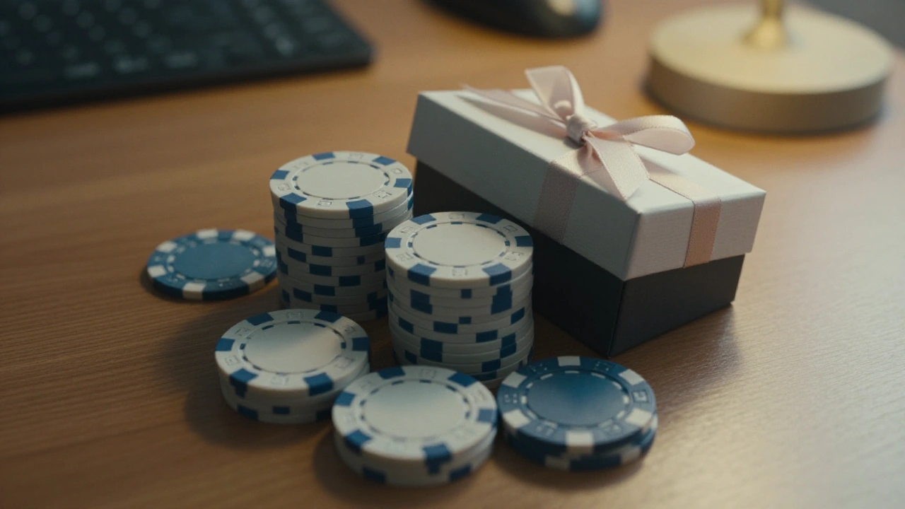 Gift box with plain ribbon beside casino chips illustrating a welcome bonus package