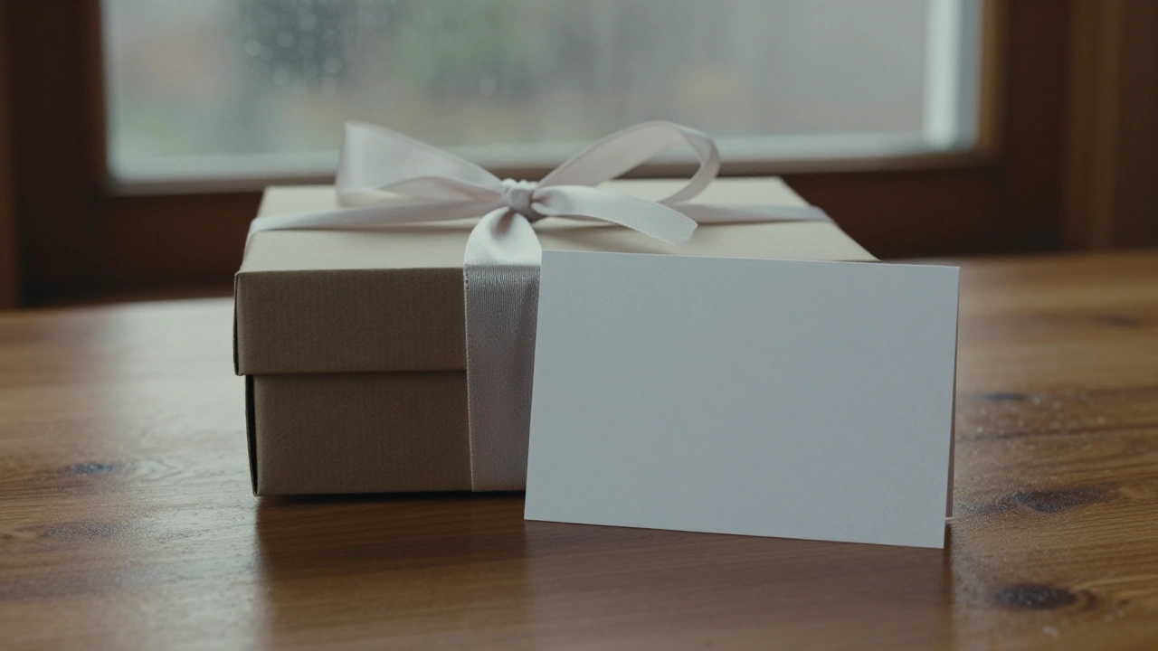 Gift box and blank card on table symbolizing casino bonus promotions