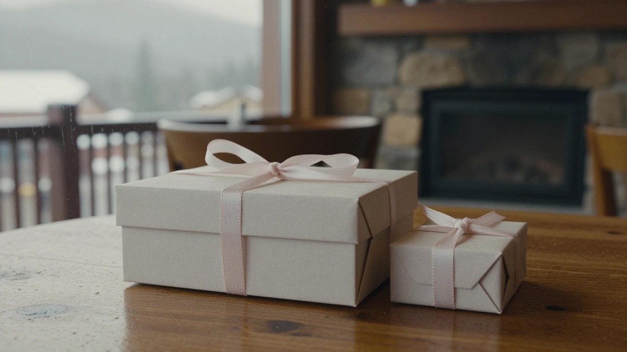 Gift box with plain ribbon in a ski lodge representing casino bonus offers