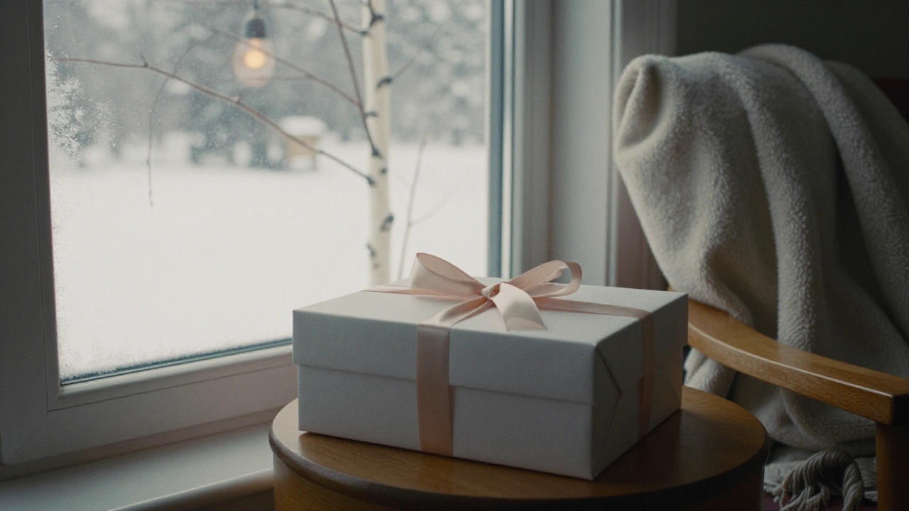 Plain ribboned gift box on a sunroom table suggesting casino bonus tiers
