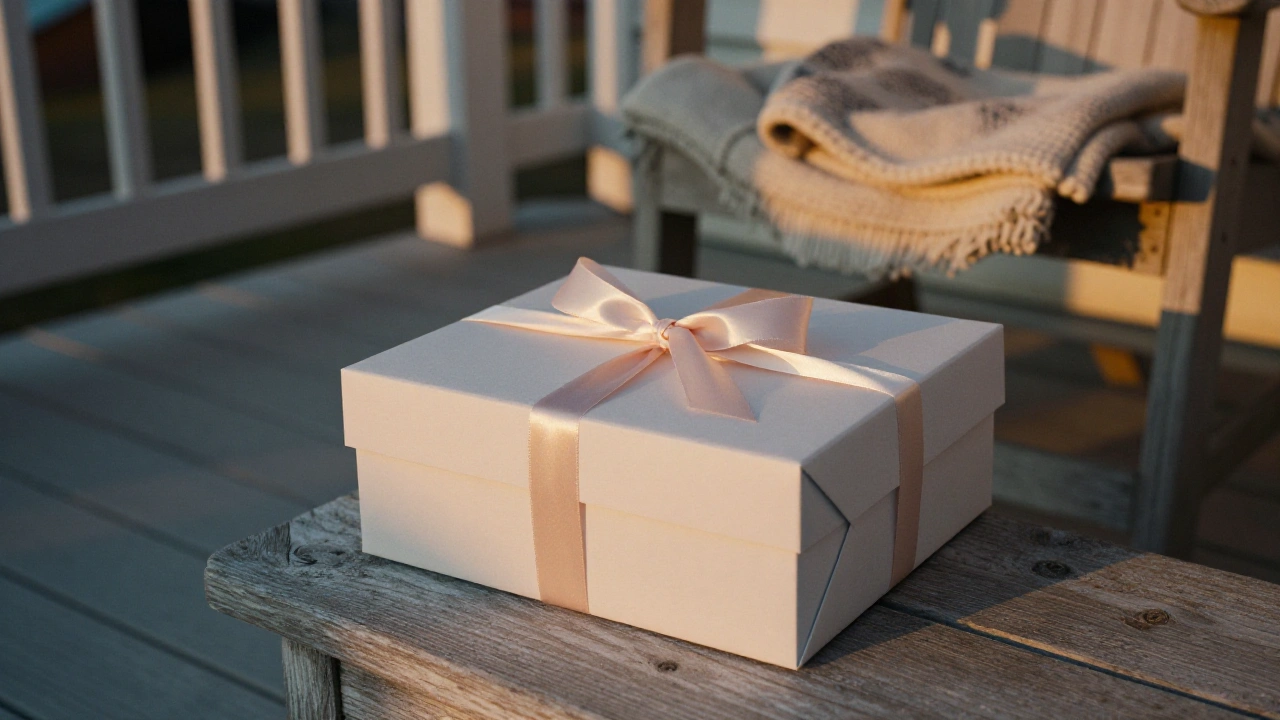 Plain gift box with a satin ribbon on a cottage porch, symbolising a welcome bonus