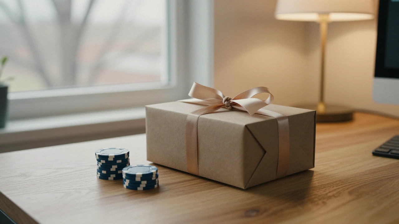 Gift box with a satin ribbon beside casino chips on a desk for penny slot bonuses