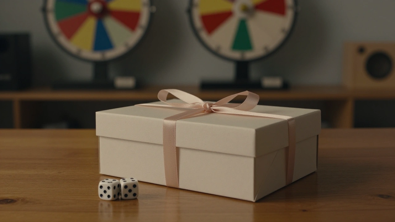 Gift box with ribbon and dice on a wooden table for the casino welcome bonus