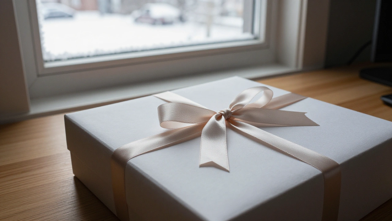 Gift box with satin ribbon on a Calgary desk for casino bonus promotions
