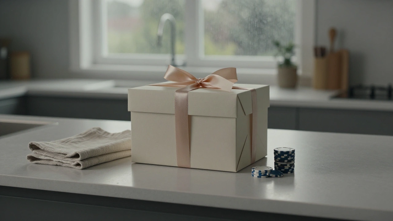 Gift box with satin ribbon beside casino chips on a kitchen counter for a sign-up bonus