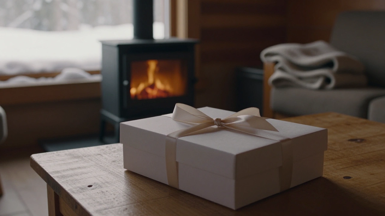 Gift box with ribbon on a table in a snowy cabin, representing casino bonuses