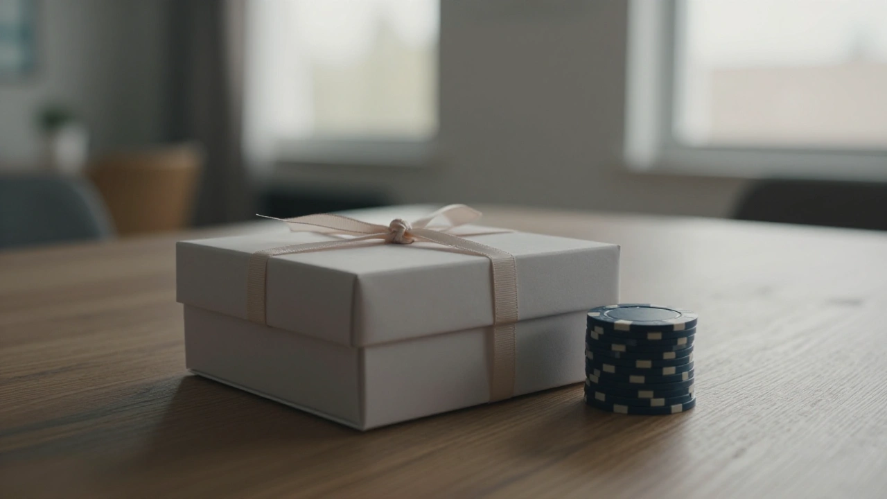 Gift box with ribbon and casino chips illustrating a simple welcome bonus offer