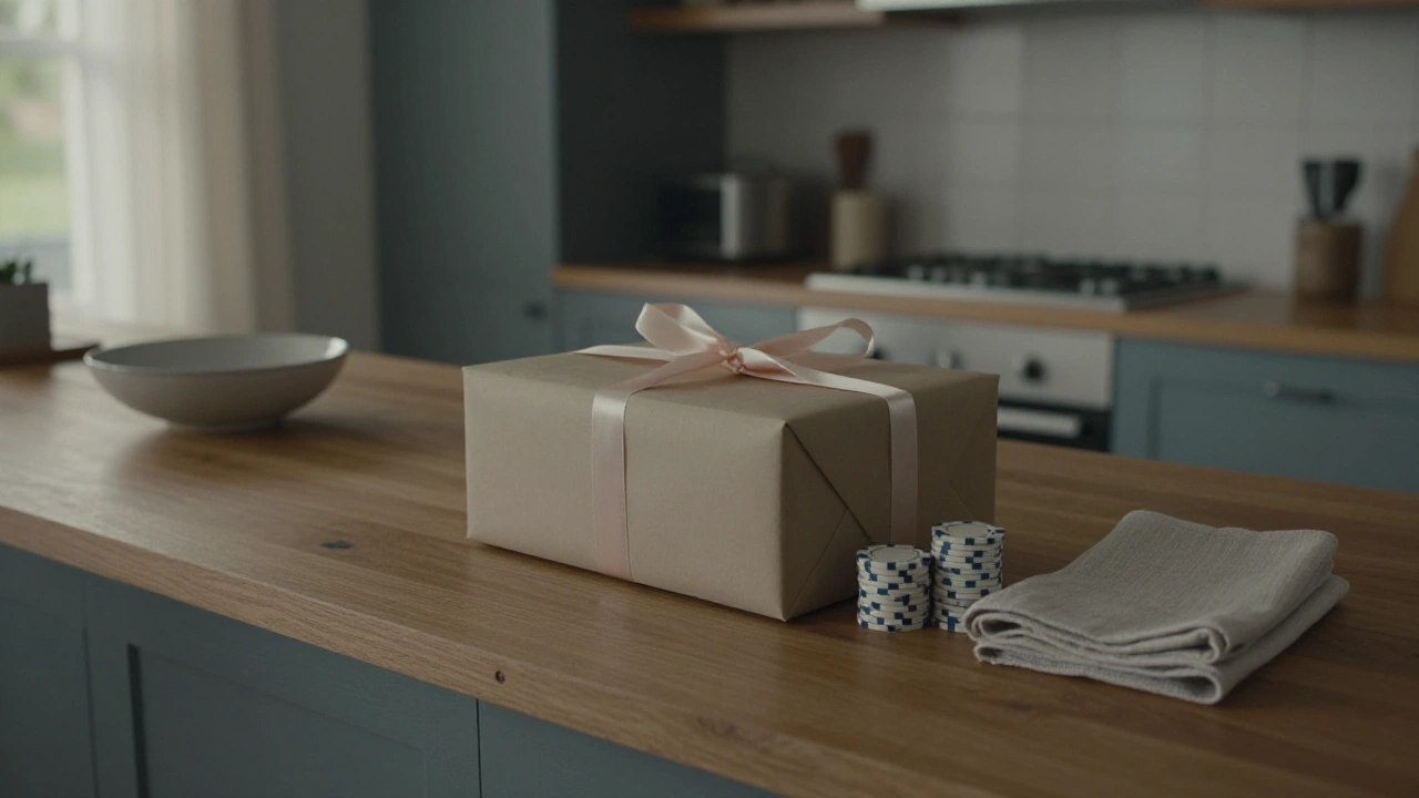 Gift box with satin ribbon beside plain casino chips on a kitchen counter for welcome bonuses