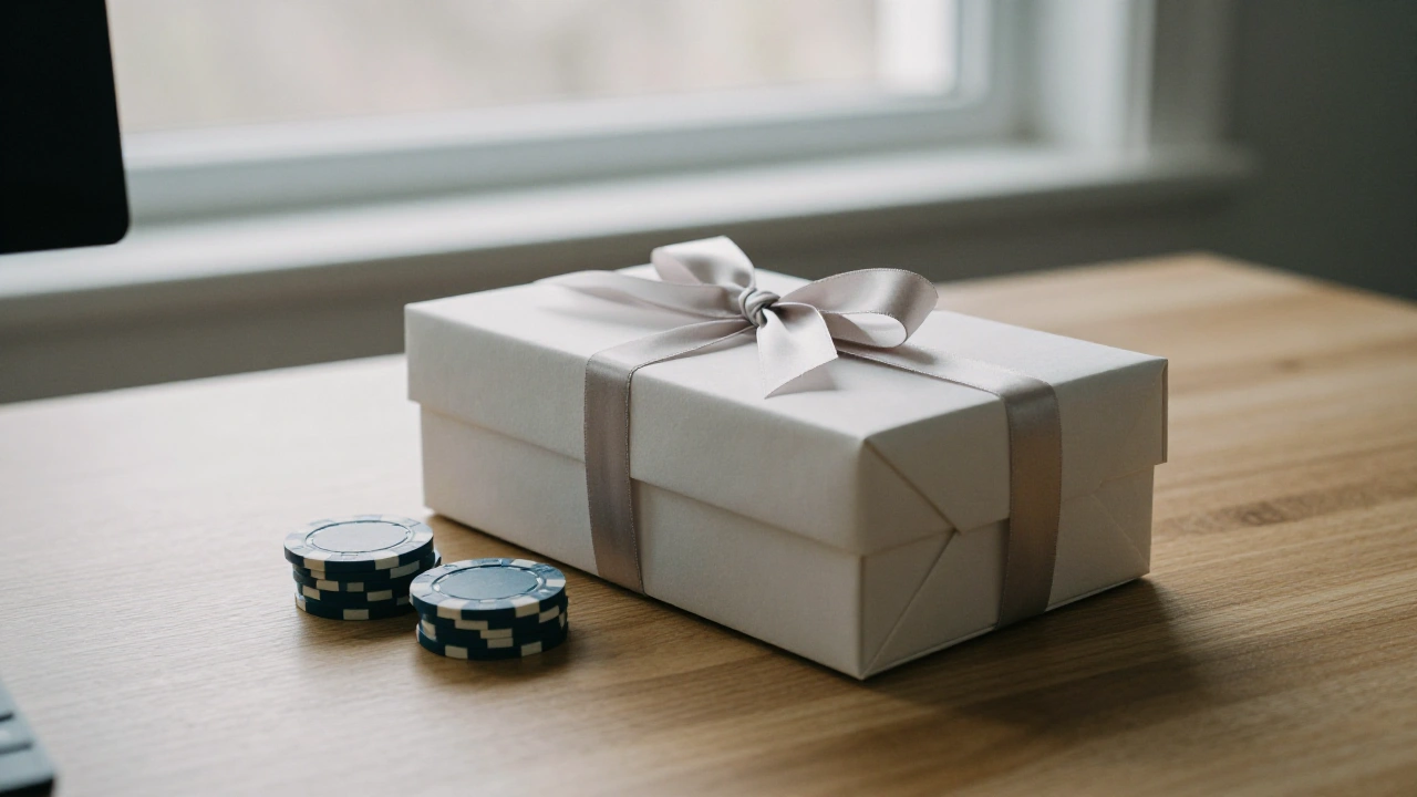 Gift box with satin ribbon beside casino chips for a welcome bonus