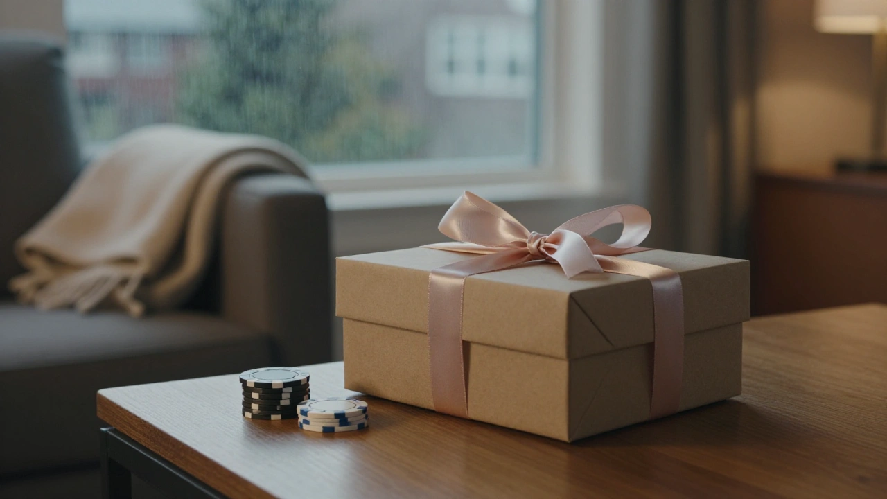 Gift box with satin ribbon beside plain casino chips representing welcome bonus package