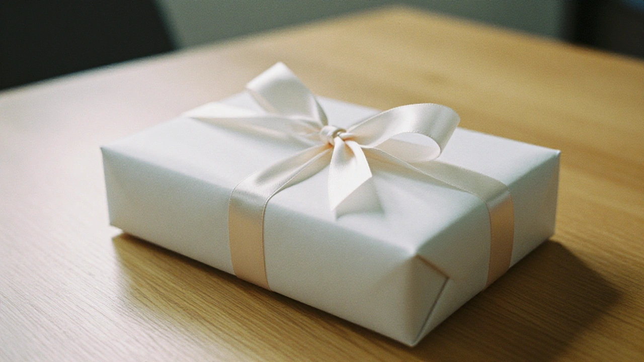 Gift box with satin ribbon on a table representing a casino welcome bonus