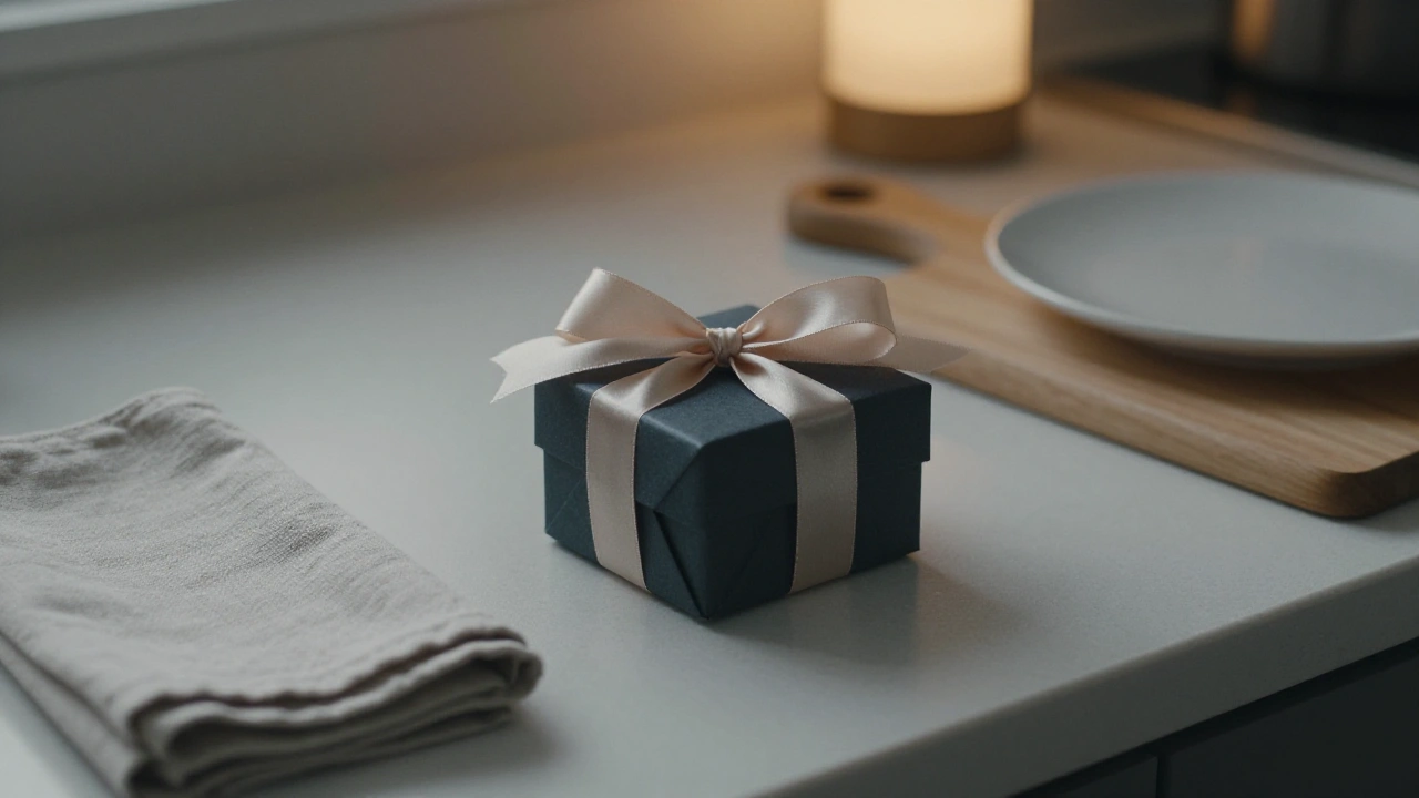 Gift box with a plain ribbon on a kitchen counter representing a casino welcome bonus