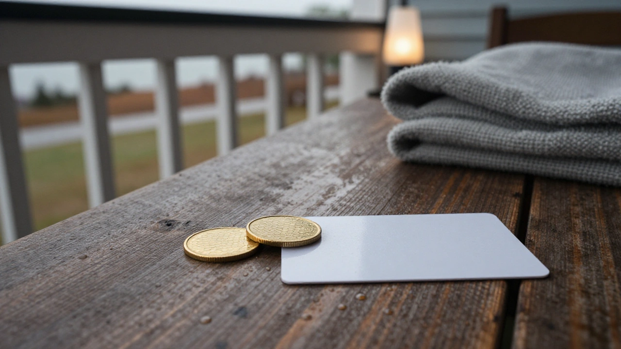 Golden hexagonal crypto tokens and a blank card on a rainy cottage porch for casino deposits