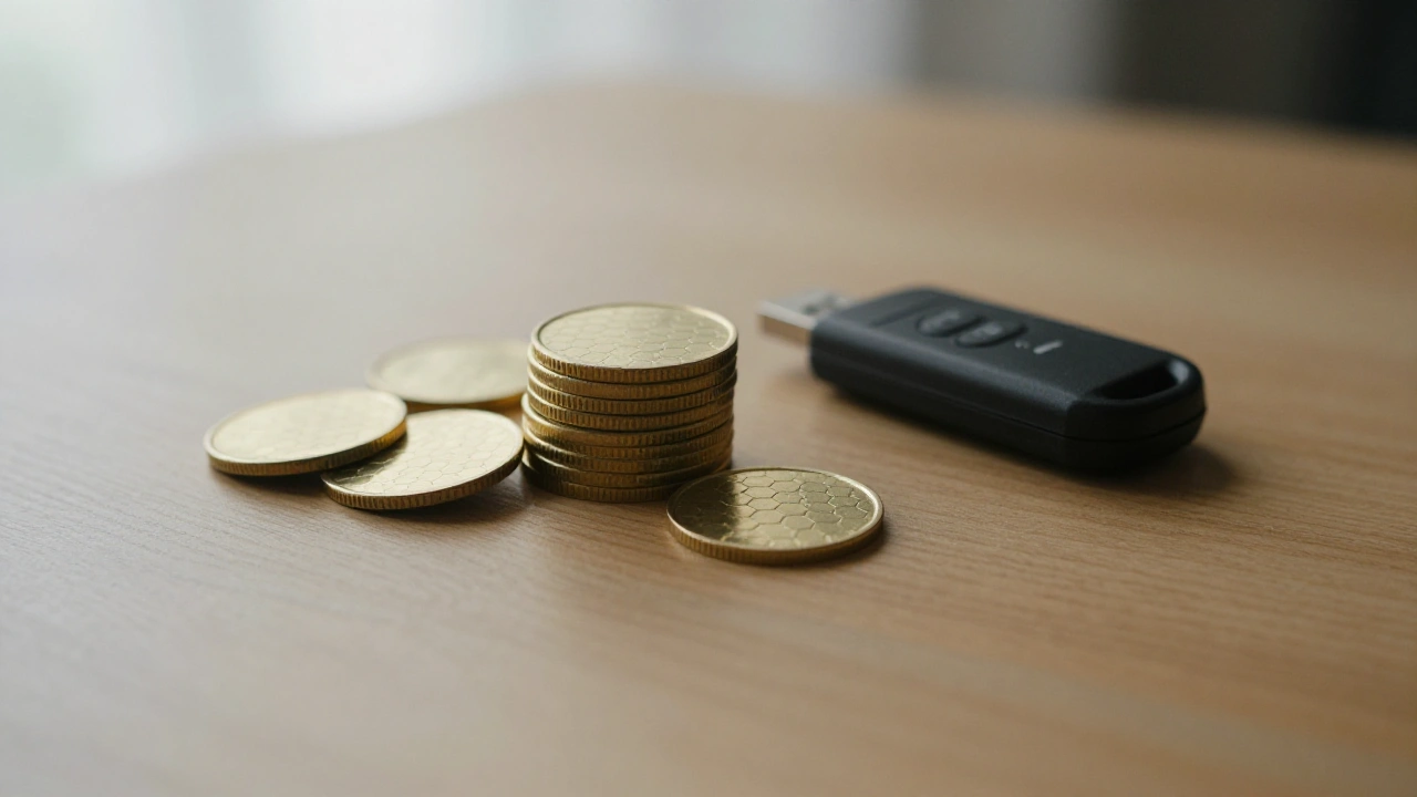 Golden honeycomb tokens and a matte-black crypto key on a quiet studio table