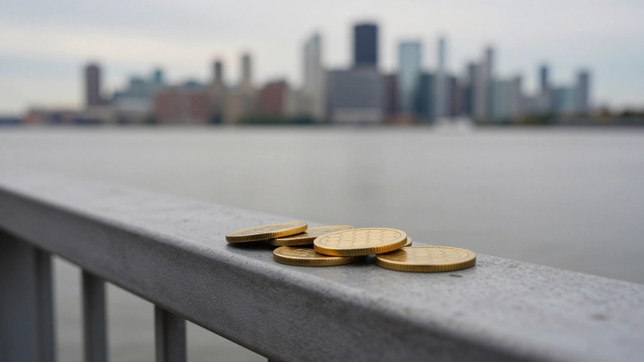 Golden honeycomb-patterned tokens on a balcony railing overlooking a city at dawn