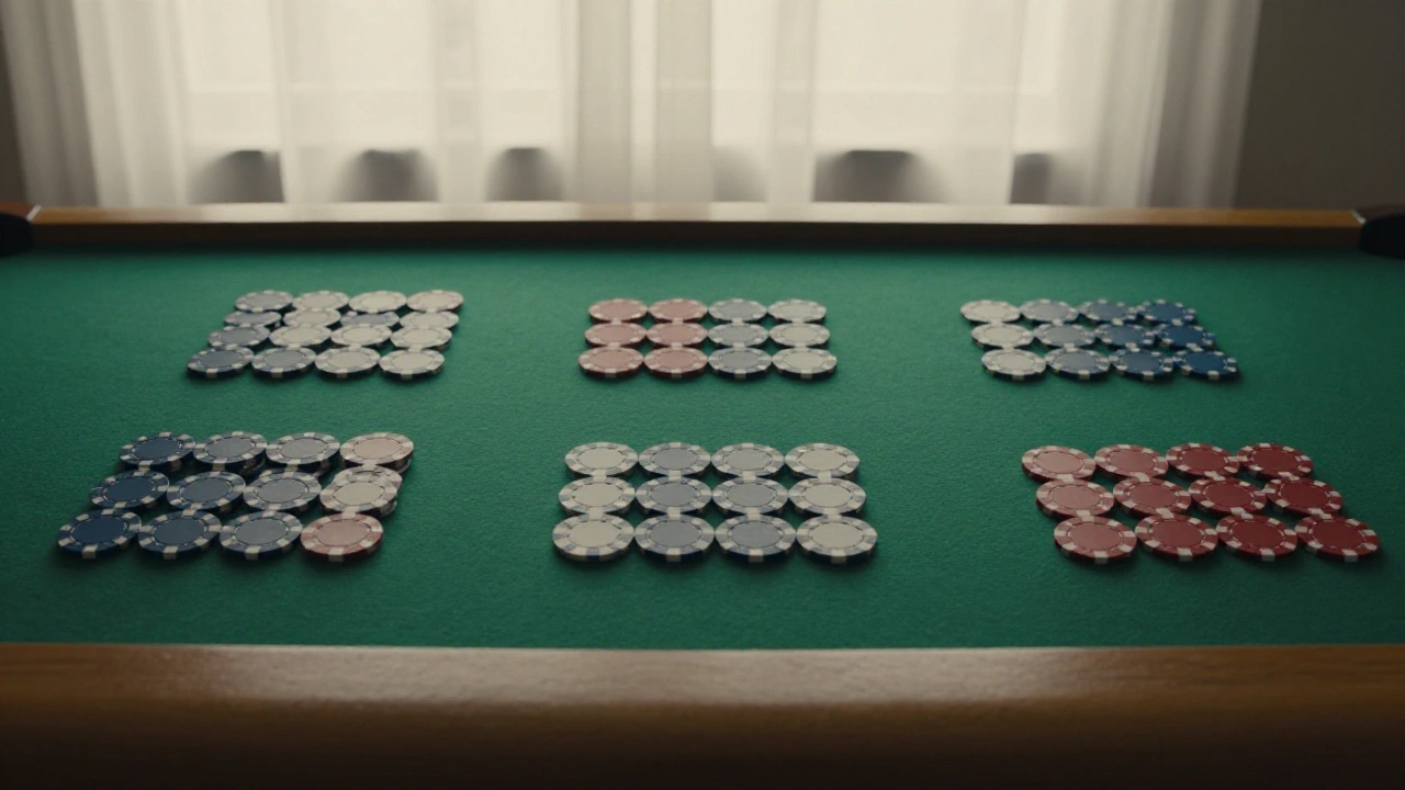 Neat groups of plain casino chips on green felt showing tidy game categories