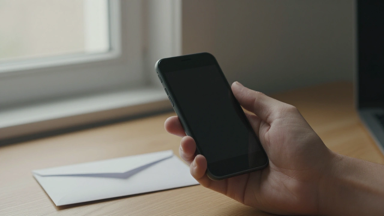 Hand holding a plain phone with black screen in home office for casino support