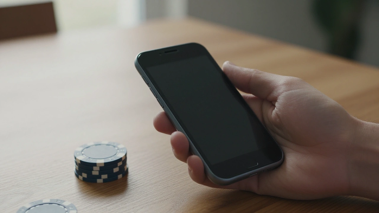 Hand holding a plain phone on a wooden table with casino chips for comparing mobile apps
