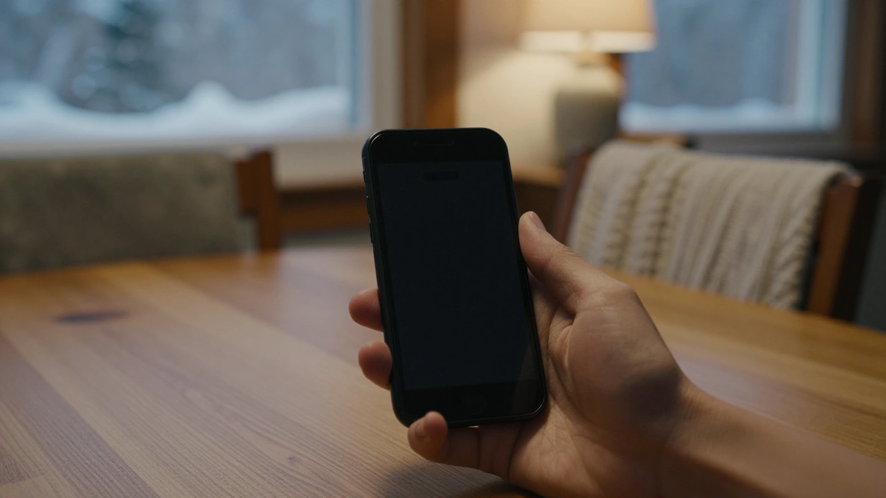 Hand holding a phone with a switched-off screen while seeking casino customer support