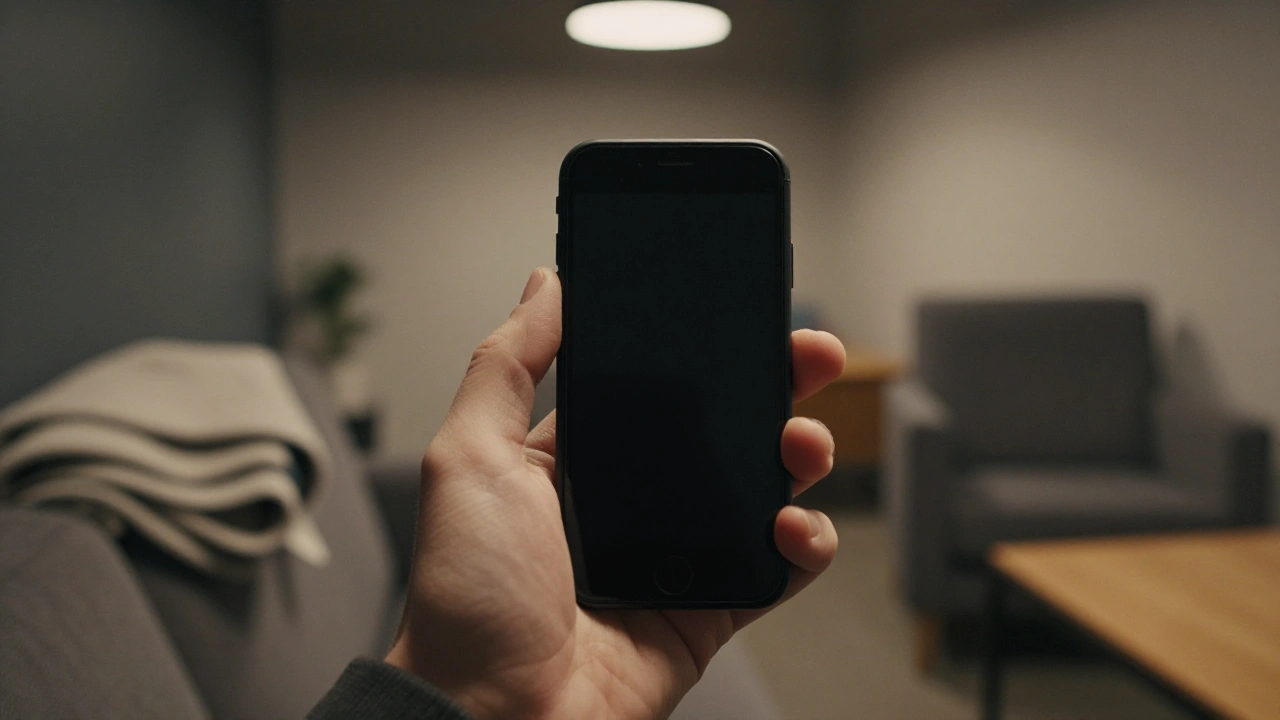 Hand holding a phone with a switched-off screen to reach casino live chat support