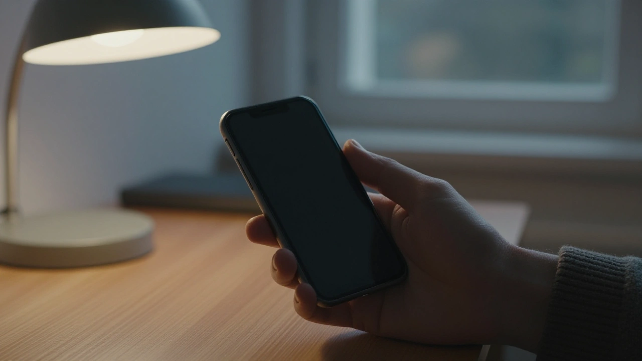 Hand holding a phone with a switched-off screen in a quiet study for mobile casino deposits