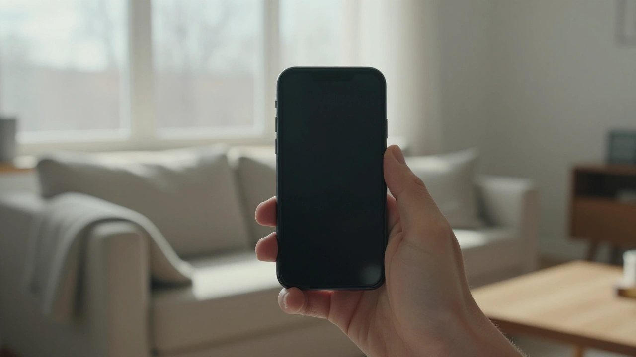 Hand holding a plain phone in a sunlit loft apartment for mobile casino play