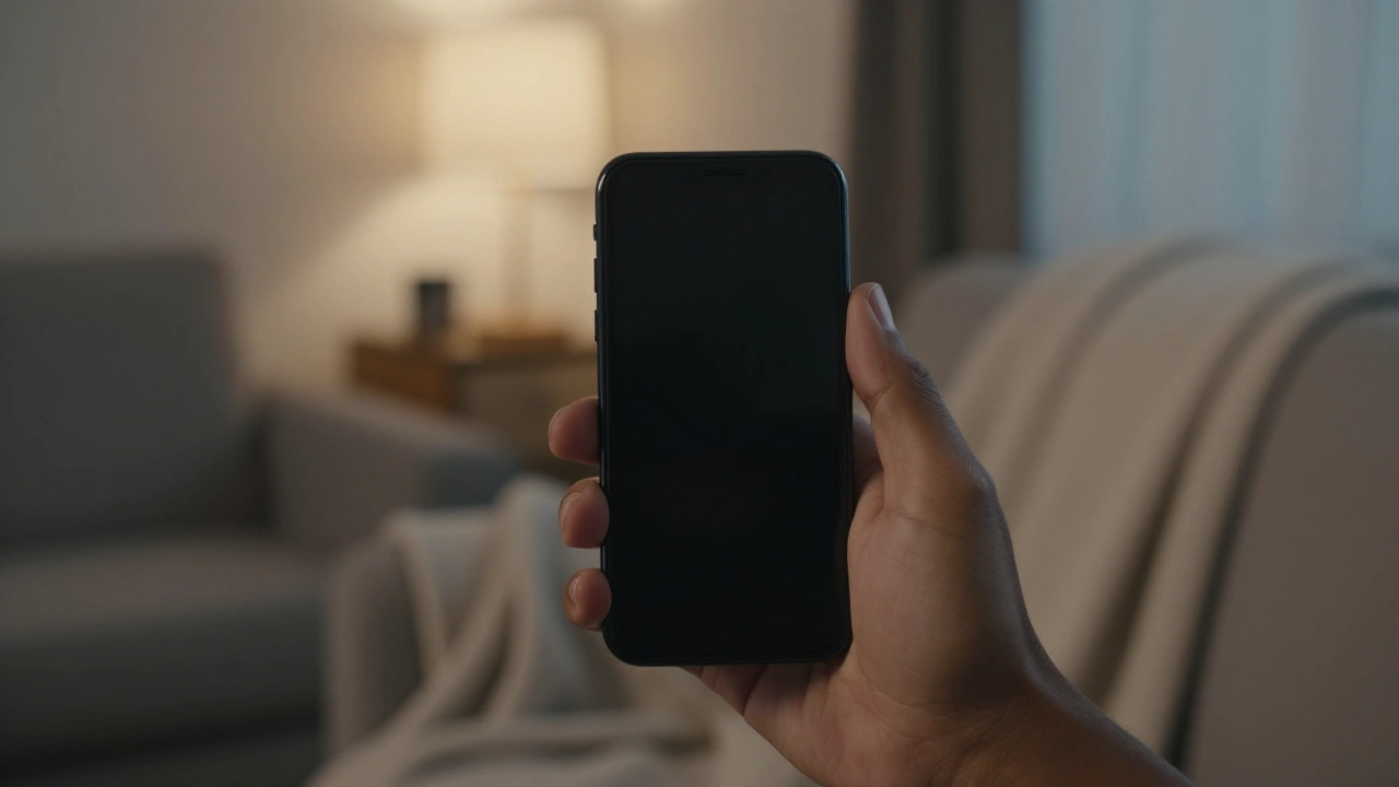Hand holding a plain phone in a cosy room for mobile casino play
