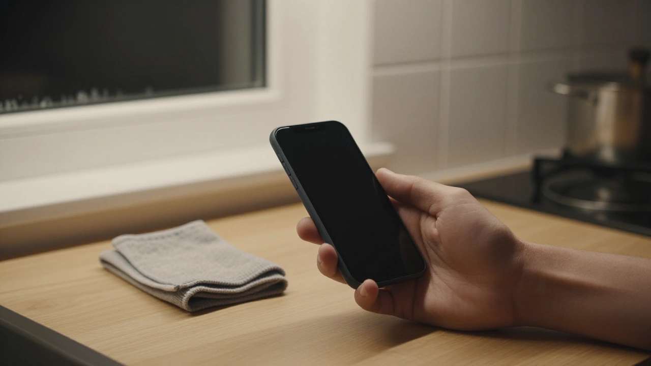 Hand holding a phone with a black screen in a kitchen for mobile casino play