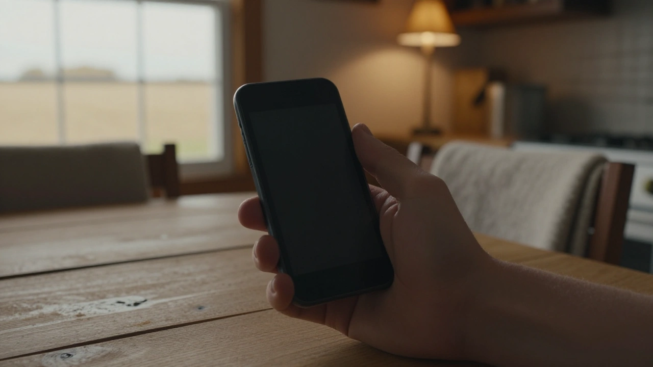 Hand holding a phone with a dark screen during a live chat support session