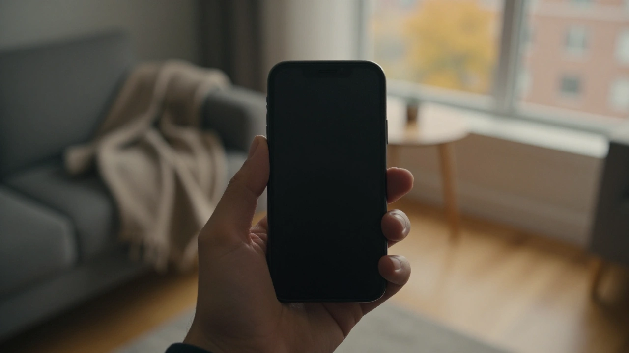 Hand holding a phone in a Toronto condo living room while contacting support