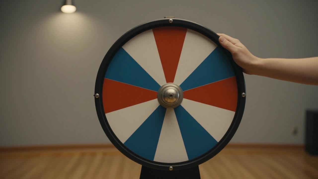 Hand resting on a generic game-show prize wheel in a studio, echoing the bonus feature