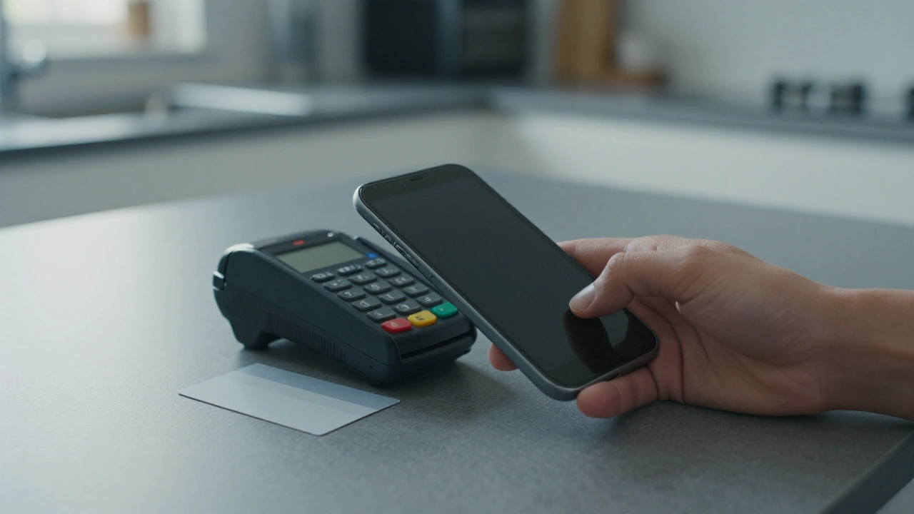 Hand tapping a plain phone on a card reader for an e-wallet casino deposit