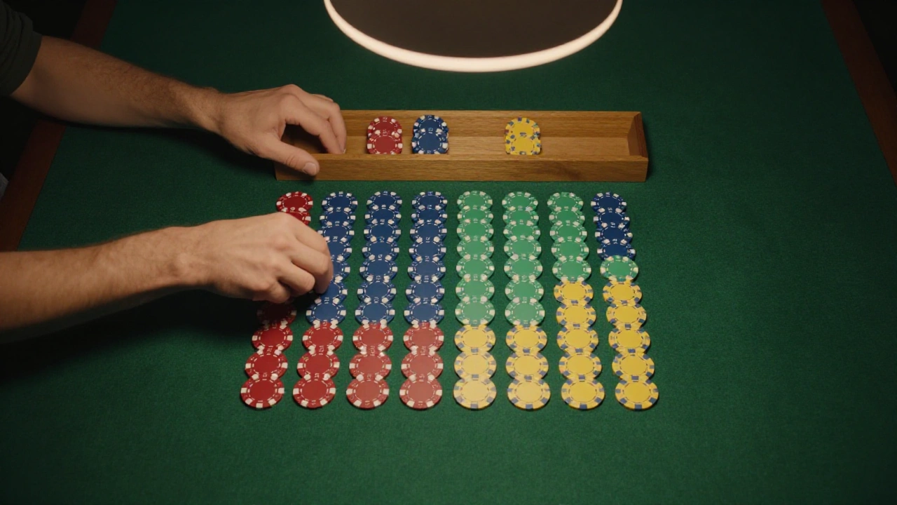 Hands arranging plain casino chips into colour-sorted rows on green felt