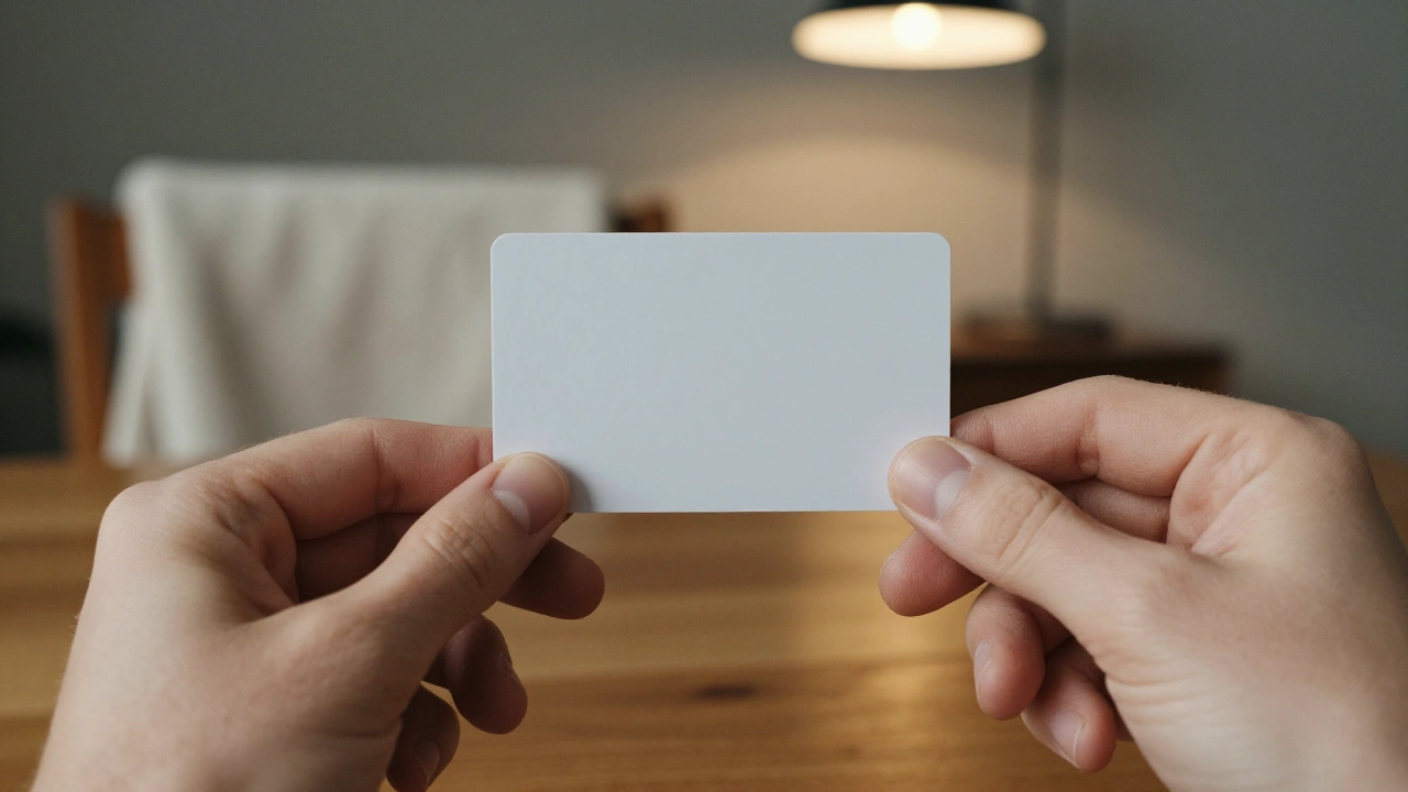 Hands holding a blank white credit card above a table to fund a casino account