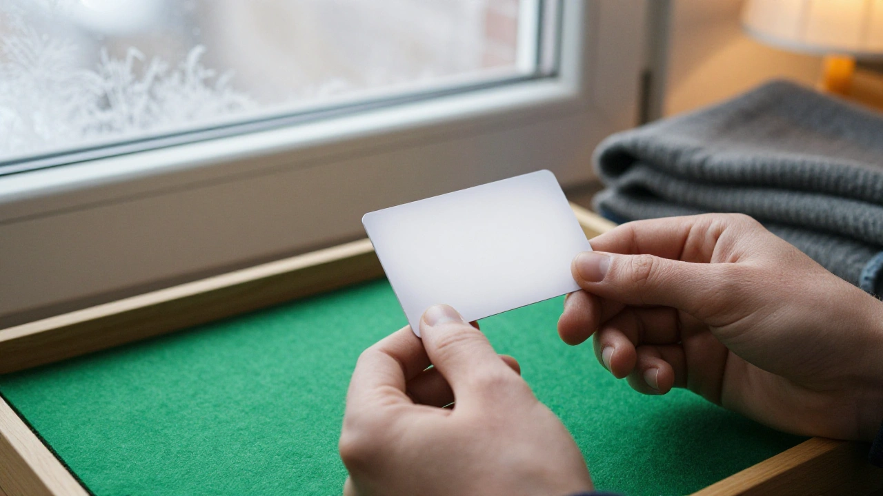 Hands holding a blank prepaid card above green felt for casino deposits