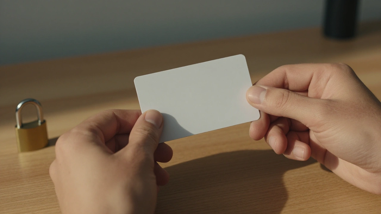 Hands holding a blank prepaid card above a desk to load a casino account