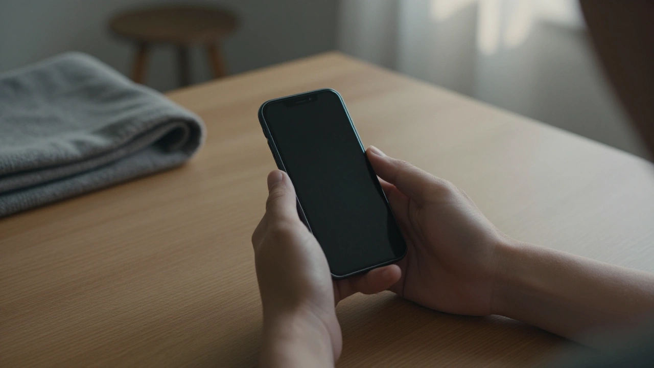 Hands holding a phone with a dark screen while browsing casino game selection