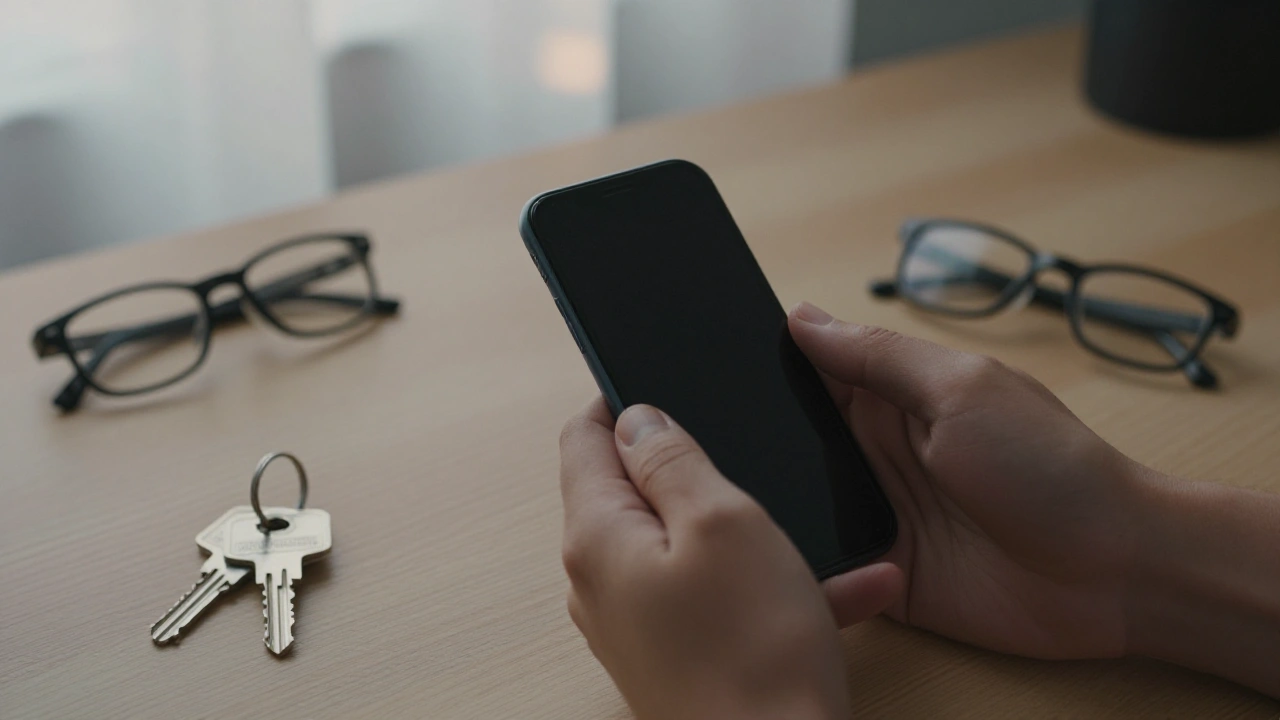 Hands holding a phone with a dark screen at a home desk for mobile poker apps