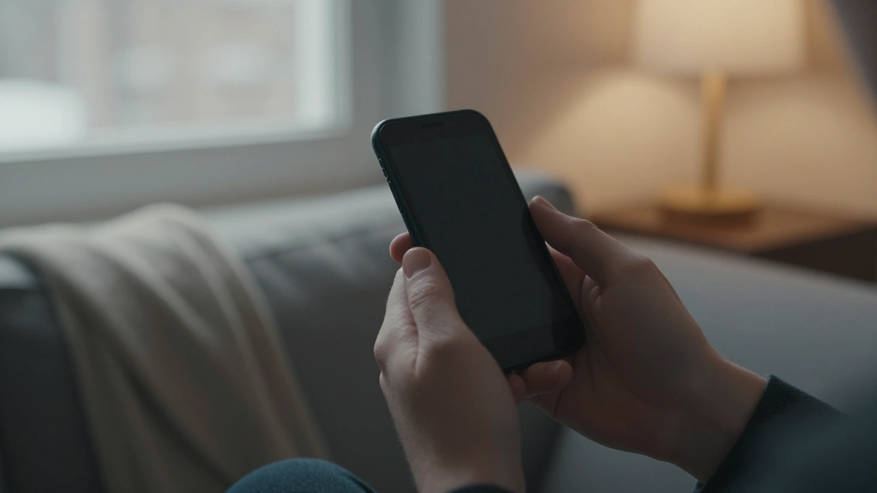 Hands holding a plain phone on a sofa for mobile casino browsing in winter