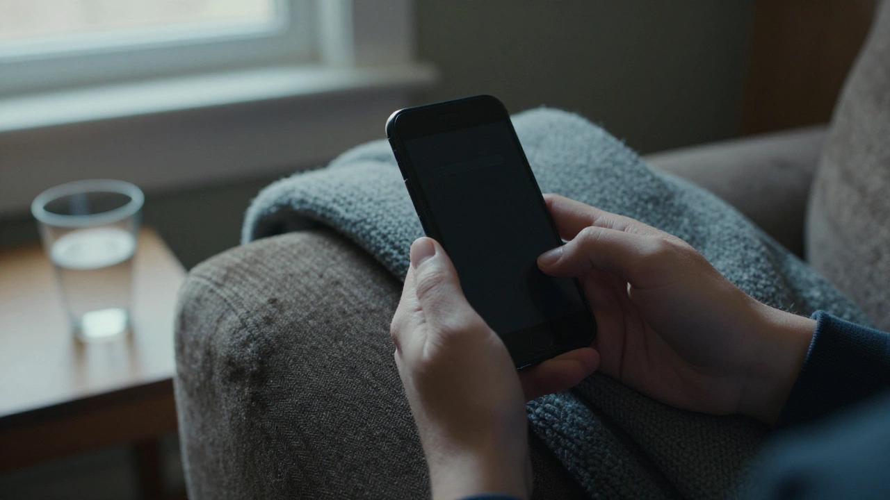 Hands holding a phone with a switched-off screen in a dim basement for mobile casino play