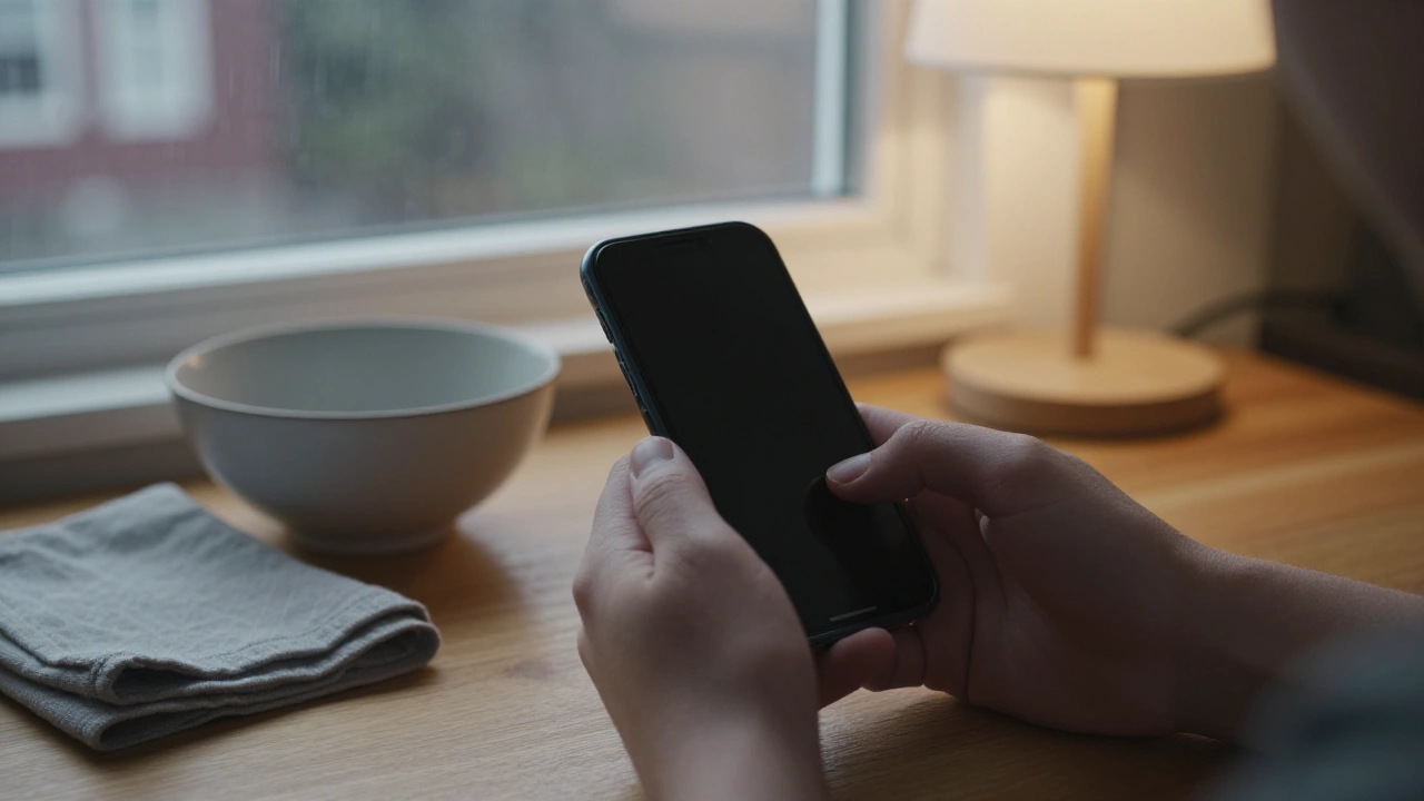 Hands holding a phone above a Halifax kitchen table for mobile casino play