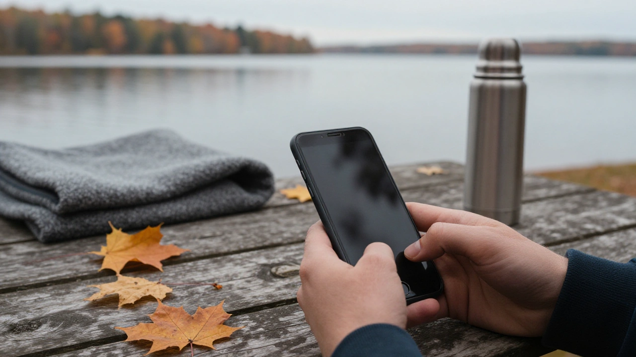 Hands holding a phone by an Ontario lake for a mobile casino app review