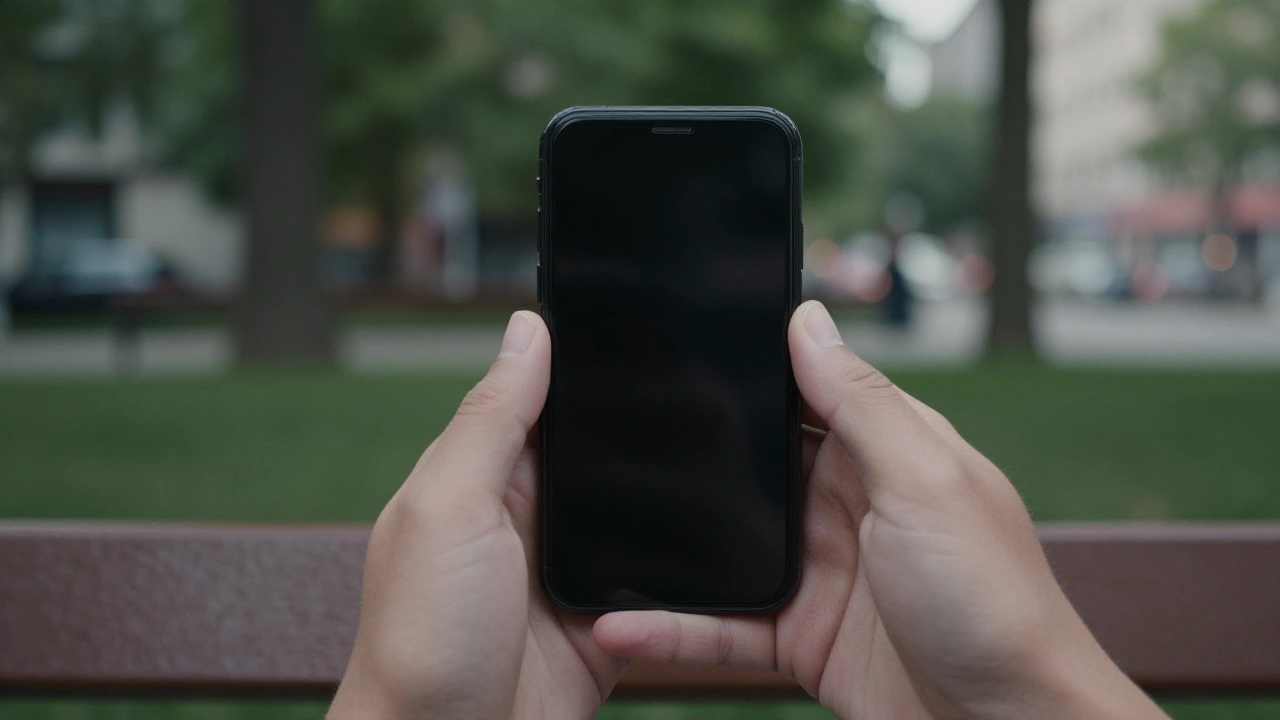 Hands holding a plain phone with black screen in a park for mobile casino browsing
