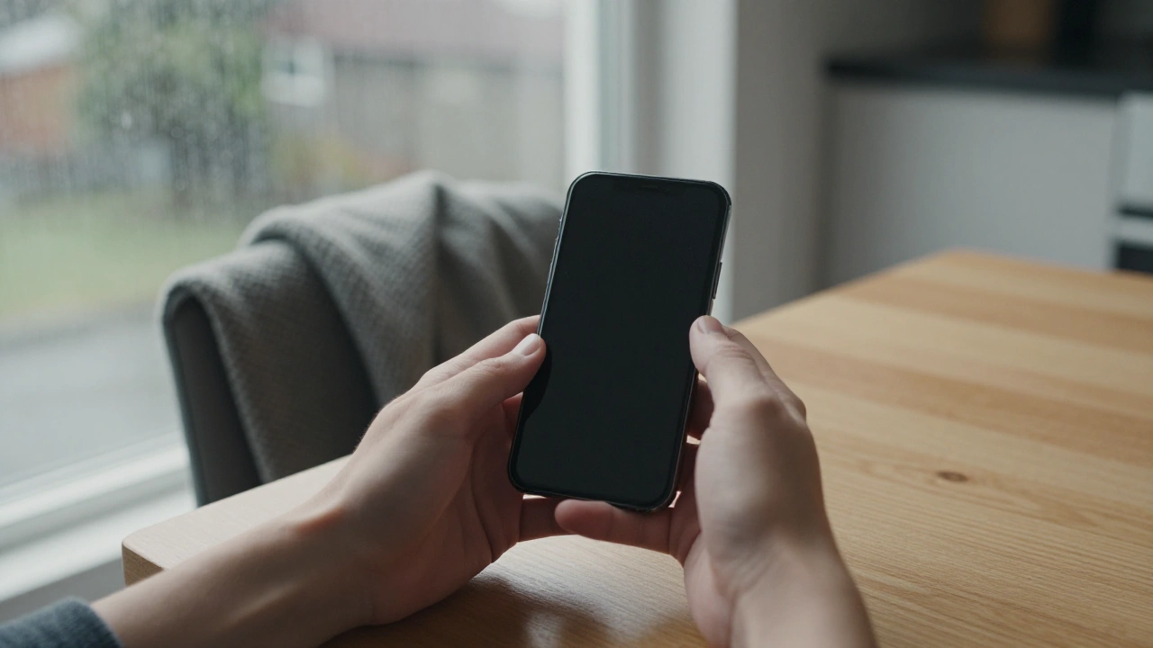 Hands holding a phone at a rainy kitchen table for mobile and tablet casino play