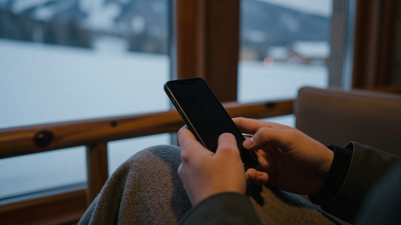 Hands holding a phone in a ski lodge while browsing a mobile casino site