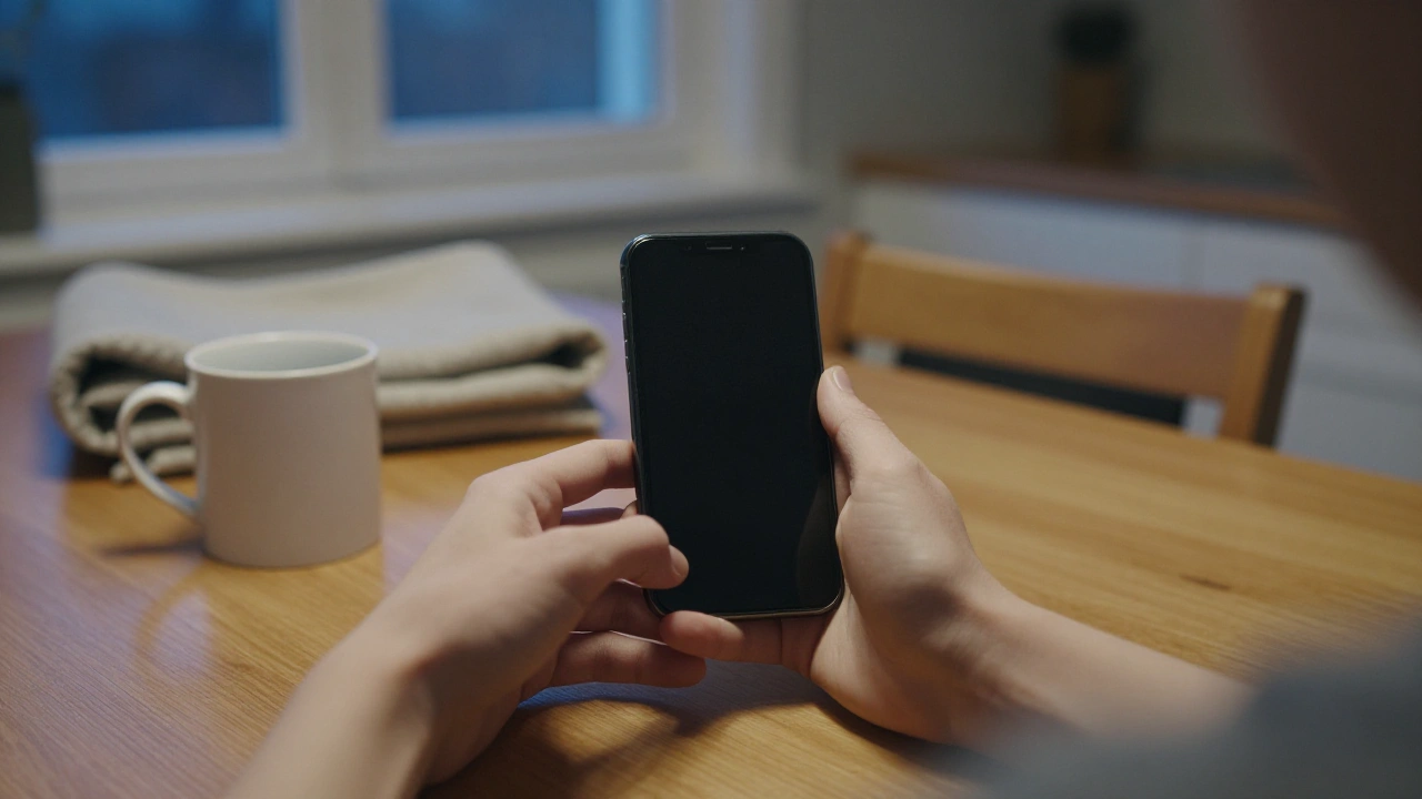 Hands holding a phone with a dark screen while checking a slot game's mobile support